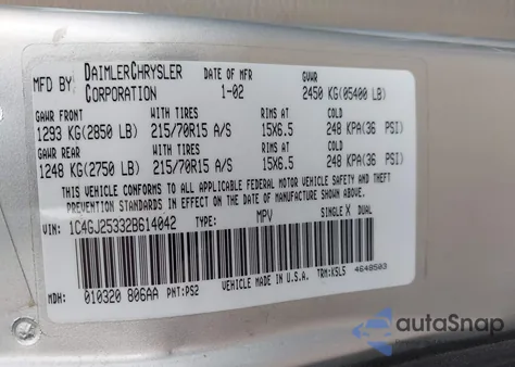 2002 Chrysler Voyager z USA, uszkodzony, nr VIN 1C4GJ25332B614042